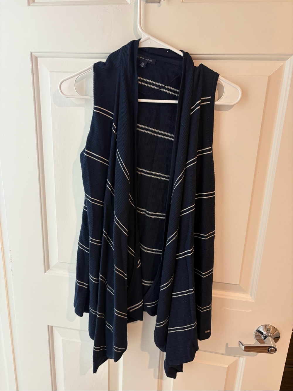 Tommy Hilfiger Navy and White Striped Open-Front Sweater Vest